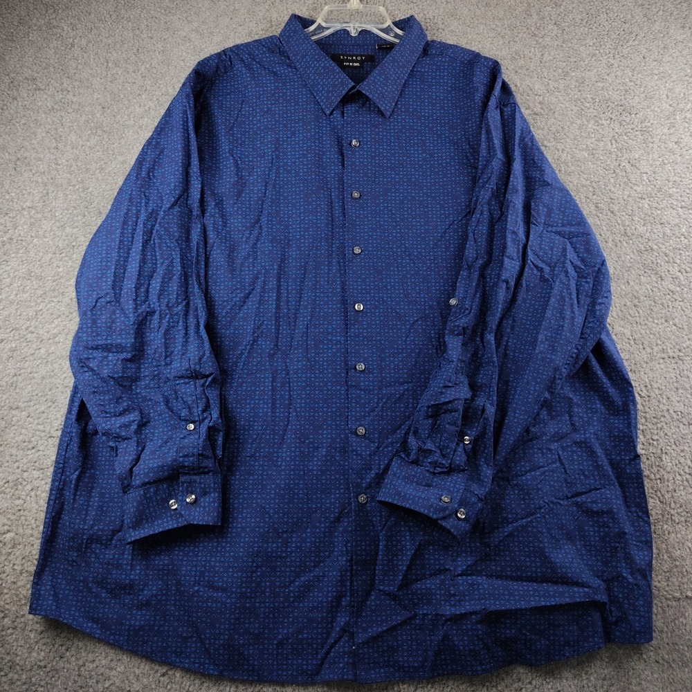 Synrgy Shirt Mens 4XLT Fit by DXL Blue Geometric Button Up Cotton Office EUC - Picture 2 of 7